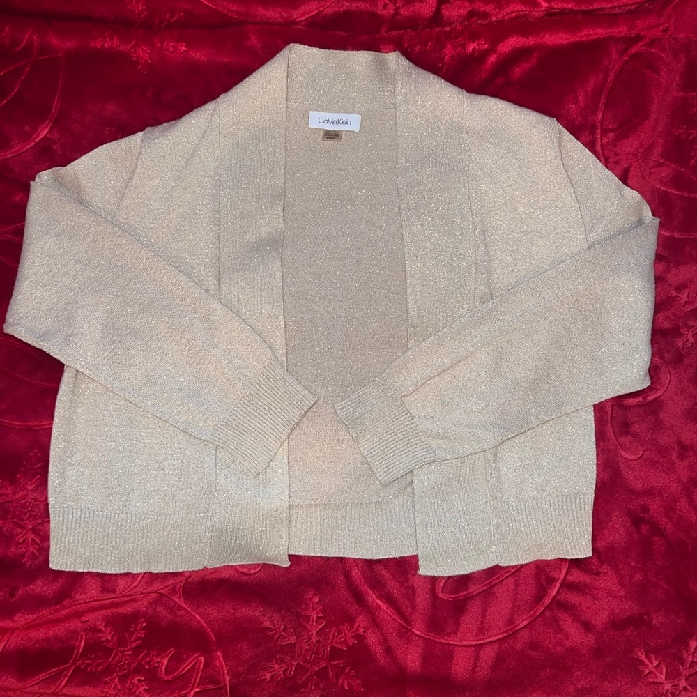 Calvin Klein Champagne Metallic Open-Front Cardigan Sweater